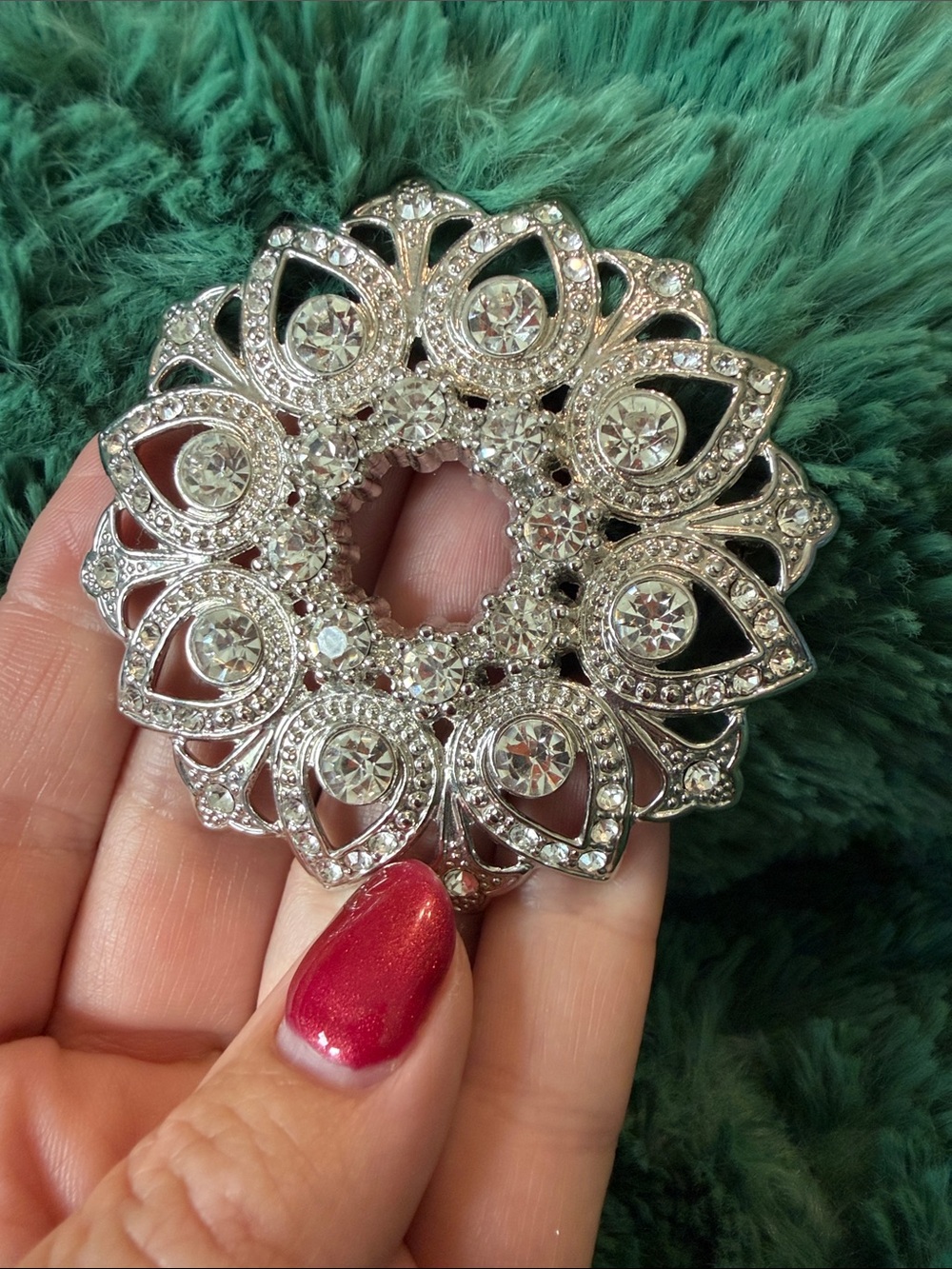 Crystal Floral Round Brooch - Silver Tone
